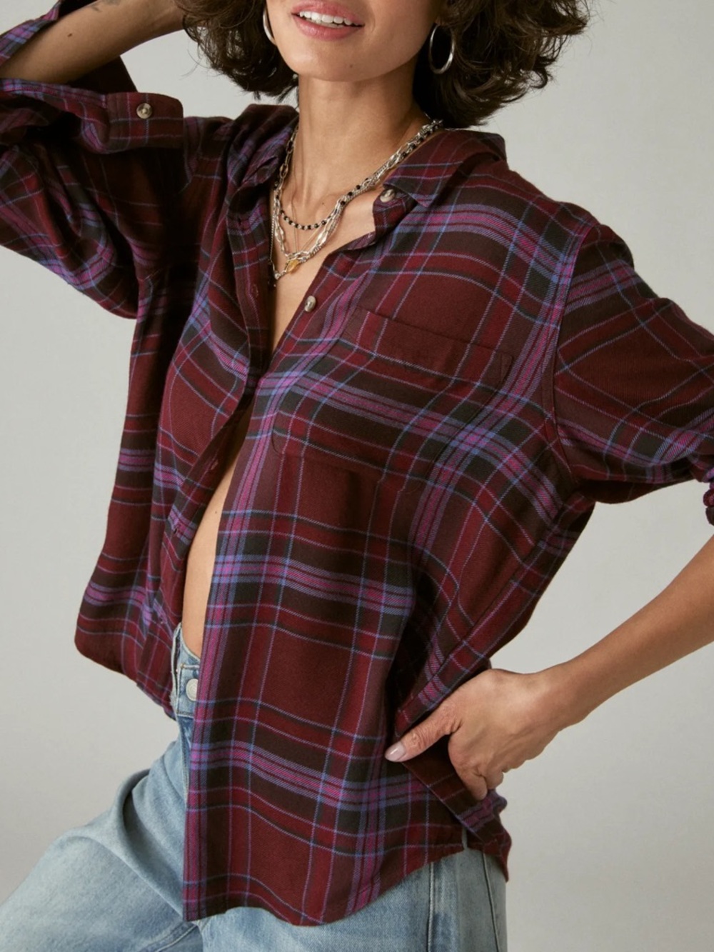 Lucky Brand Women's Pink and Blue Plaid Button-Down Shirt